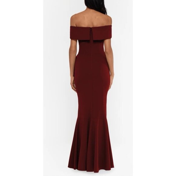Betsy & Adam 6P Carina Long Maroon Ruffle Off the Shoulder Formal Ballgown NEW - Picture 4 of 11